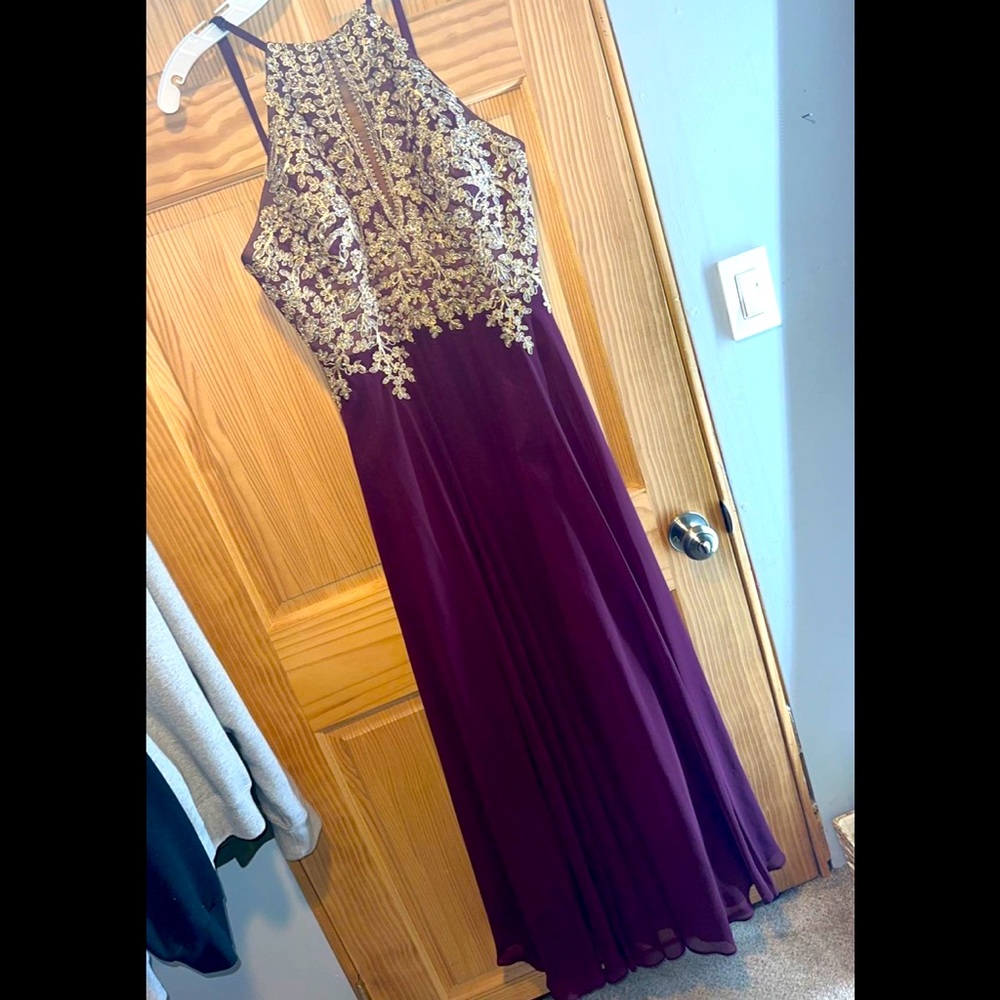 Maroon and gold prom dress from David’s bridal